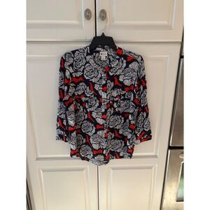 STYLUS Women's Navy White Red Floral‎ Print Button Up Shirt Top XL